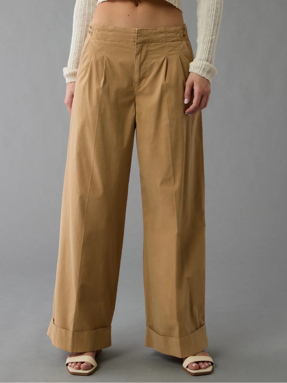 American Eagle Poplin Pull On Wide Leg Pants Camel Lyocell Blend Size 0 Nwt